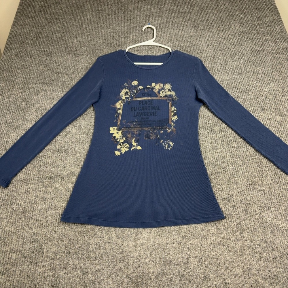 Sledge USA Thermal Shirt Women M Blue Long Sleeve Waffle Knit Graphic Floral Y2K